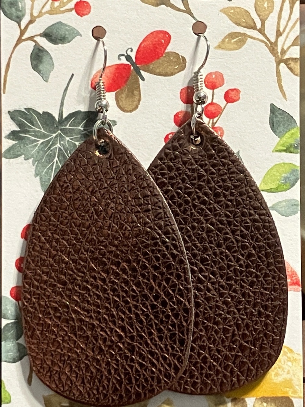 Brown Textured Teardrop Faux Leather Earrings